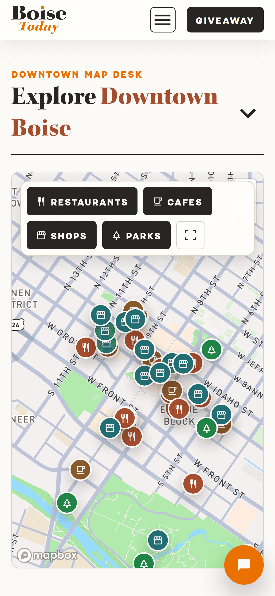iPhone-sized light mode screenshot of the Boise Today Explore Downtown Boise map page.