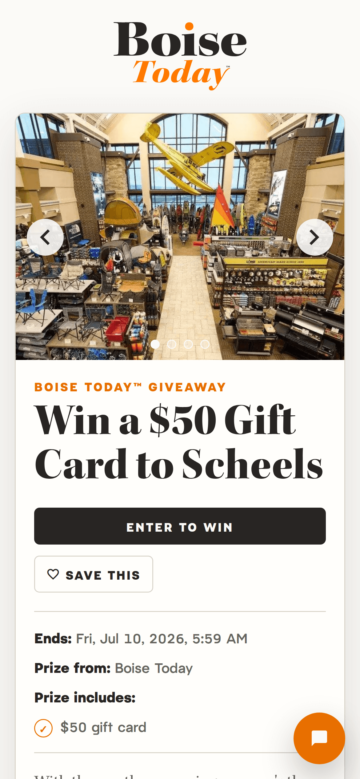 iPhone-sized light mode screenshot of a Boise Today giveaway page for a $50 Scheels gift card.